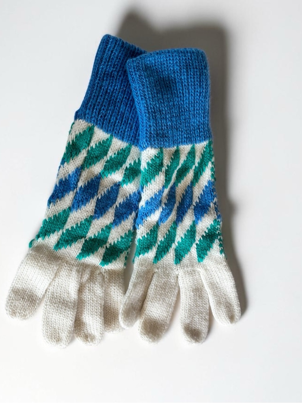 Vintage Knit Winter Gloves Blue Green Geometric Ski Style